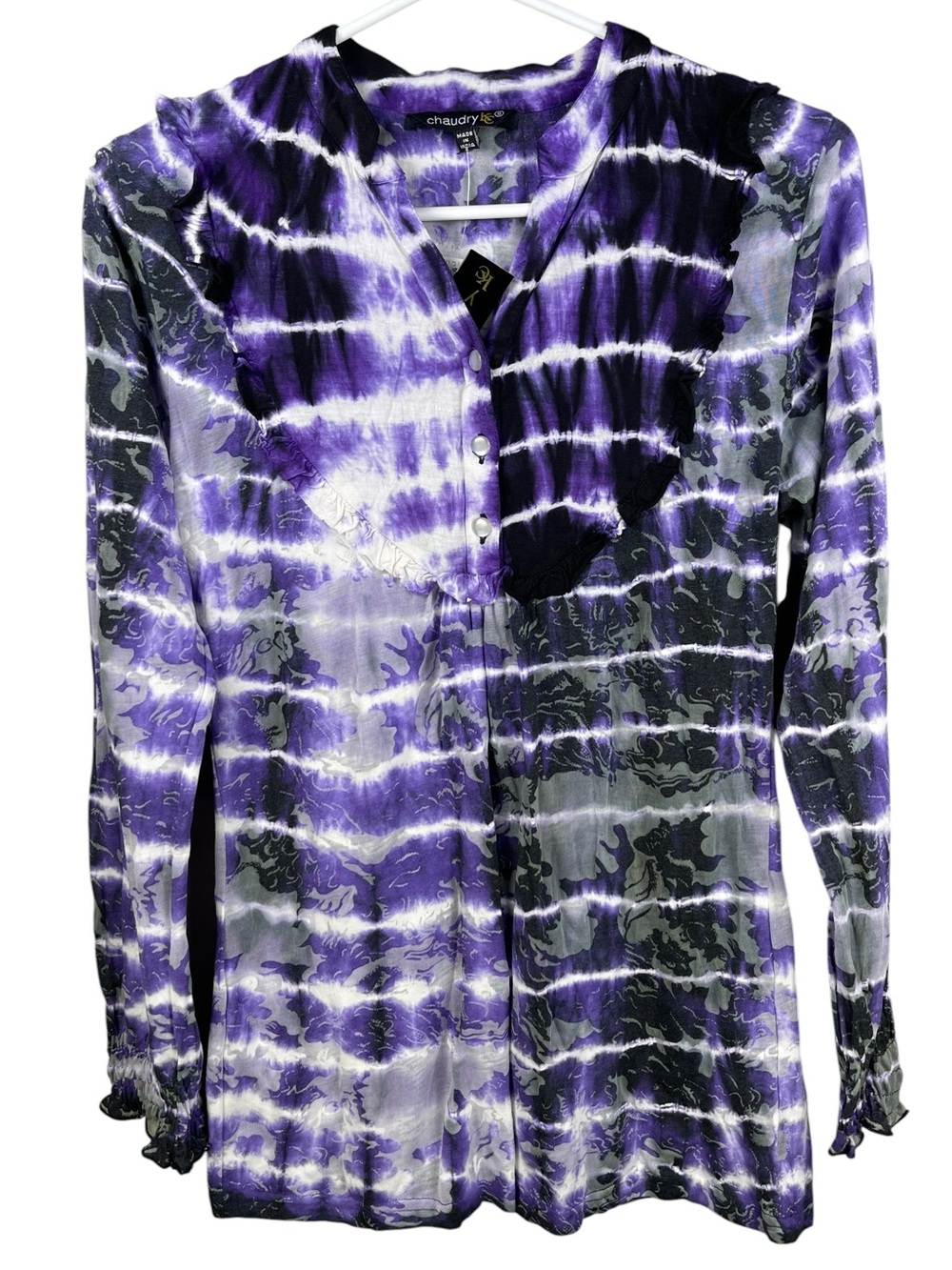 Chaudry Boho Long Sleeve Viscose Purple/Grey/White Tie Dye Pattern Blouse Small